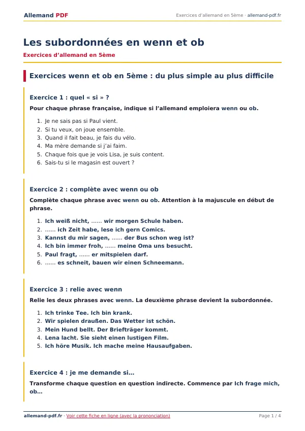 Exercices « Les subordonnées en wenn et ob » en PDF