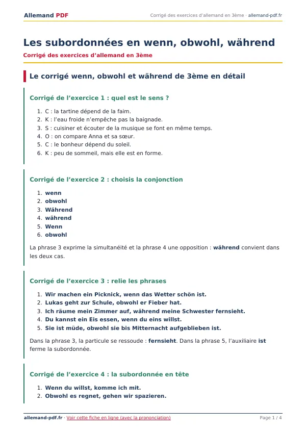 Corrigé « Les subordonnées en wenn, obwohl, während » en PDF