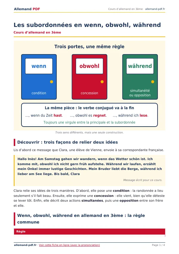 Cours « Les subordonnées en wenn, obwohl, während » en PDF