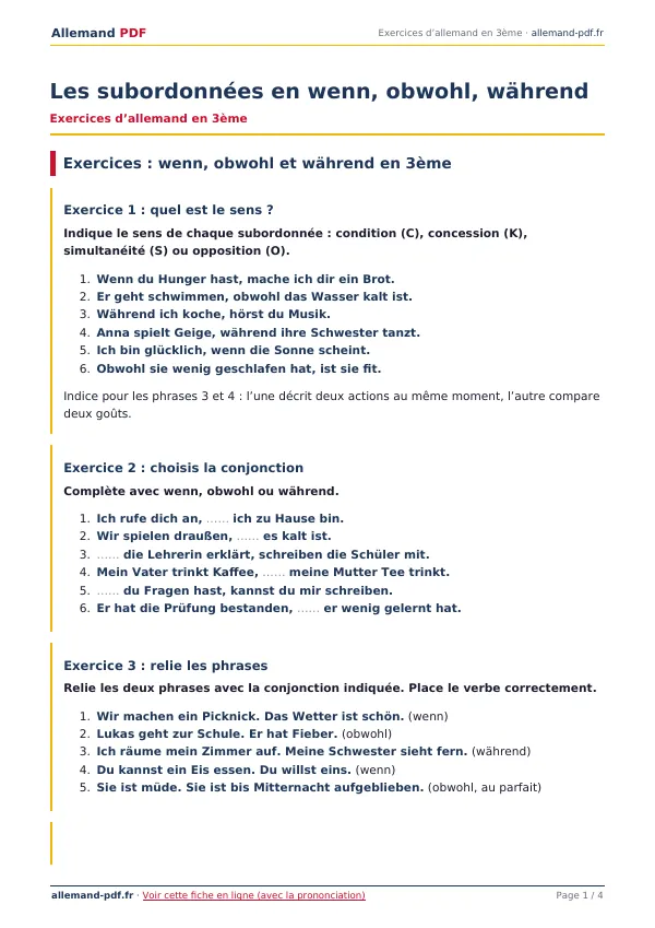 Exercices « Les subordonnées en wenn, obwohl, während » en PDF