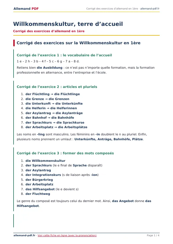 Corrigé « Willkommenskultur, terre d’accueil » en PDF
