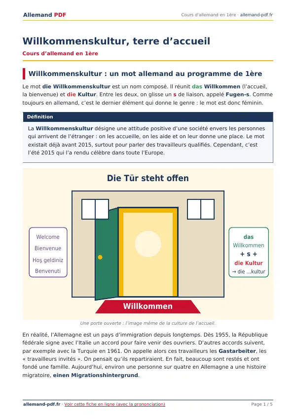 Cours « Willkommenskultur, terre d’accueil » en PDF