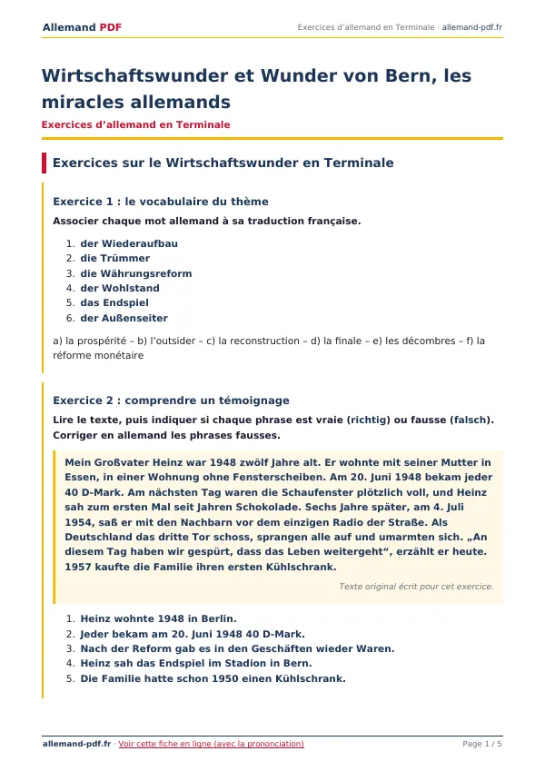 Exercices « Wirtschaftswunder et Wunder von Bern, les miracles allemands » en PDF